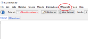 Screenshot of Rcmdr: KMggplot2 installed and availiable
