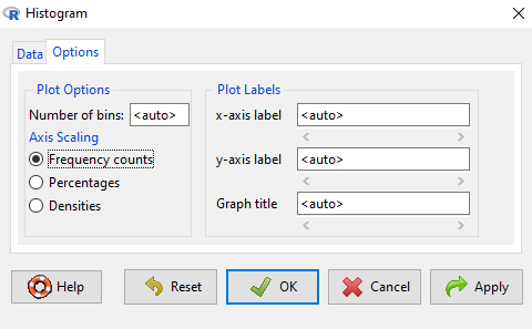 Screenshot, Rcmdr options tab for histogram