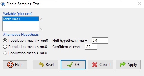 Rcmdr one-sample TTest