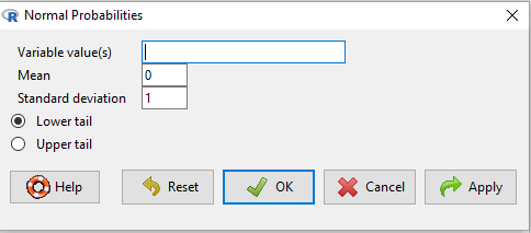 Screenshot, Rcmdr Normal probabilities