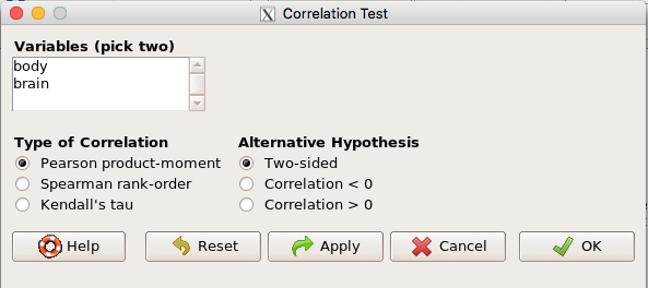 Rcmdr menu correlation