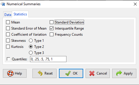 Screenshot Rcmdr Numerical summaries