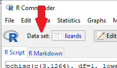 Screenshot of Rcmdr, red arrow points to Data set button.