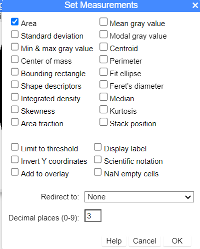ImageJ screenshot Set Measurements options