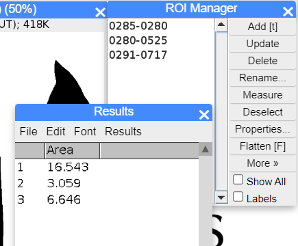 ImageJ screenshot ROI area results