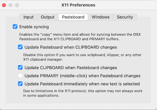 Screenshot recommended XQuartz X11 Pasteboard settings.