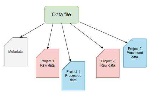 A general scheme for a spreadsheet data file with five sheets (workbooks). For this example, the workbooks consist of a single metadata sheet and sheets for data of the two projects. Each project is organized into one sheet for raw data and one sheet for any processed data.