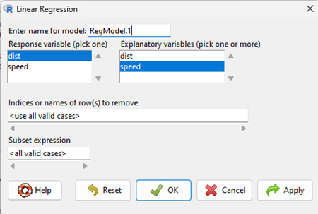 Screenshot linear regression menu R Commander.