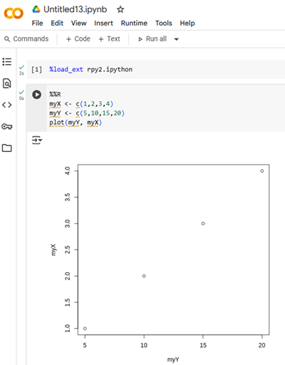Screenshot of R session in a Jupyter notebook on Google CoLab.