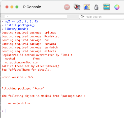 Screenshot or RGUI console as R Commander library starts (macOS).